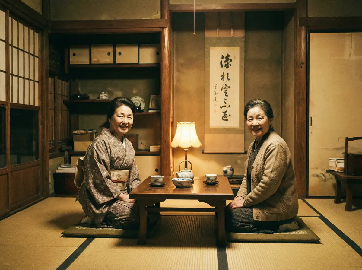 两位优雅的 凤凰体育平台 在日式茶室中品茶交谈